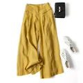 Pantalones de lino amarillo de pierna ancha y cintura alta mostrados en vista plana - M / Bottoms / Amarillo
