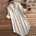 Women's casual beige and white striped mid-length shirt featuring roll-up sleeves - S / Tops / Khaki