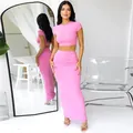 Leuchtend rosa zweiteiliges Set mit kurzem Crop-Top und Maxirock mit hoher Taille - S / Oberteil Und Unterteil / Rosa