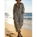 Loose V-neck striped maxi dress with 3/4 sleeves and side pockets in blue and white - S / Top And Bottom / Black