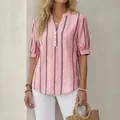 Women's summer casual pink vertical striped blouse with V-neck and short puff sleeves - S / Tops / Pink