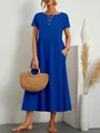 Blue crew neck short sleeve maxi dress with elastic waist and side pockets - Sapphire Blue