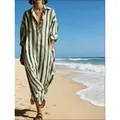 Loose green and white striped V-neck maxi dress with long sleeves and side pockets - S / Top And Bottom / Green