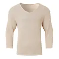 Close-up of men's V-neck long sleeve top with cream waffle knit texture and soft fabric - S / Tops / Khaki