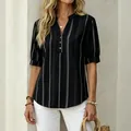 Casual women's short-sleeve V-neck blouse featuring black and grey vertical stripes - S / Tops / Black