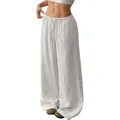Women's casual solid white cotton linen wide leg pants featuring drawstring waist - S / Bottom (3810 Cotton Linen Pants) / White