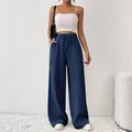 High-waist wide-leg casual lounge pants with drawstring in navy blue for summer wear - S / Bottoms / Blue