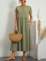 Casual crew neck short sleeve olive green ice silk wrinkled elastic waist maxi dress - S / Tops / Light Green