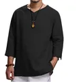 Vista frontal de camisa de lino negra para hombre con cuello en V y estilo holgado - M / Tops / Negro