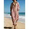Bohemian loose red and white vertical striped V-neck maxi dress with long sleeves for women - S / Top And Bottom / Red