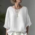 Casual white short sleeve blouse with loose drop shoulder fit and round neck for women - S / Tops / White