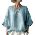 Women's comfortable light blue round neck loose fit plus size casual linen shirt - S / Tops / Blue