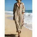 Elegant V-neck loose striped maxi dress with 3/4 sleeves in a sunlit beach setting - S / Top And Bottom / Dark Brown