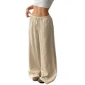 Fashionable high-waisted cotton linen wide-leg trousers in casual beige apricot color - S / Bottom (3810 Cotton Linen Pants) / Apricot