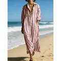 Loose V-neck striped maxi dress with pockets in pink and white vacation style - S / Top And Bottom / Pink