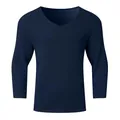 Detailed texture of navy blue men's V-neck long sleeve waffle knit sweater - S / Tops / Navy Blue