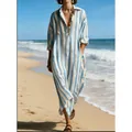 Loose V-neck blue and white striped beach maxi dress with long sleeves and pockets - S / Tops / Blue