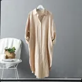 Robe chemise ample en coton et lin beige avec boutons et manches longues femme - S / Hauts / Kaki