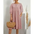 Elegant dusty pink cotton linen midi dress featuring lantern sleeves and side pockets - S / Top And Bottom / Pink