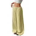 Pantalon large décontracté en coton et lin jaune pâle pour femme avec cordon de serrage - Jaune