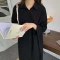 Chemise longue en coton et lin noir surdimensionnée pour femmes, chemisier boutonné - S / Hauts / Noir