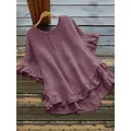 Mauve blouse met ronde hals, ruches mouwen en een gelaagde asymmetrische hoge-lage zoom - Lichtpaars