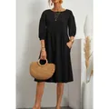 Elegant solid black cotton linen loose dress with lantern sleeves and side pockets - S / Top And Bottom / Black