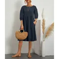 Elegant navy blue cotton linen pleated midi dress with lantern sleeves and pockets - S / Top And Bottom / Navy Blue