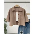 Womens casual brown textured cropped button-down shirt with mid-sleeves and pocket - S / Tops / Khaki