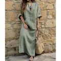 Élégante robe longue bohème en coton et lin à rayures vertes avec poche et manches longues. - S / Haut Et Bas / Vert