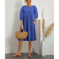 Elegant blue loose cotton linen dress featuring lantern sleeves and side pockets - S / Top And Bottom / Blue