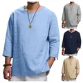 Men's loose linen cotton V-neck shirt shown in blue, grey, navy and khaki colors - M / Tops / Light Blue