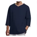 Breathable men's loose long-sleeve cotton linen V-neck shirt in a dark navy blue finish - M / Tops / Navy Blue