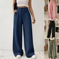 Pantalon large pour femme à taille haute avec cordon de serrage en plusieurs coloris - Bleu marine