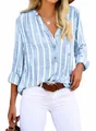 Close-up of casual blue and white vertical striped long sleeve blouse for women - S / Tops / Light Blue