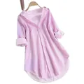 Women's casual loose vertical striped pink and white long-sleeved medium-length shirt. - S / Tops / Pink