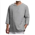 Men's casual grey long-sleeved V-neck linen-cotton loose fit shirt for comfortable wear - M / Tops / Gray