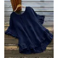 Elegant navy blue women's blouse featuring ruffle flounce hem and flare sleeves design - 1XL / Tops / Navy Blue