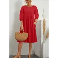 Red cotton linen midi dress with lantern sleeves and side pockets in a loose fit - Red