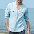 Men's casual light blue linen cotton long sleeve shirt featuring a mandarin collar and pockets - M / Tops / Lake Blue