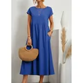 Elegant royal blue cotton linen maxi dress with short sleeves and side pockets for summer - S / Top And Bottom / Royal Blue