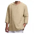 Men's loose cotton linen V-neck long sleeve shirt in khaki beige finish - M / Tops / Khaki