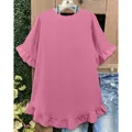 Elegant pink crew neck short sleeve blouse featuring delicate ruffle hem and sleeve details - Pink