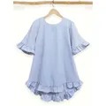 Blue and white striped loose casual blouse with ruffled flared sleeves and hemline - S / Tops / Blue Stripe