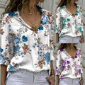 Floral print V-neck button-down shirt shown in multiple color variations - 3XL / Tops / Purple Print