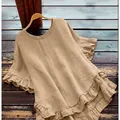 Khaki women's round neck top with ruffled flare sleeves and high-low hem design - Apricot
