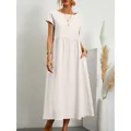 Elegante witte korte mouwen katoenen linnen maxi-jurk met ronde hals en zijzakken voor - S / Bottoms / Melkwit