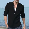 Detail view of men's black cotton linen long sleeve henley shirt with casual stand collar. - M / Tops / Black