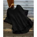 Elegant black round neck top featuring ruffled bell sleeves and stylish high-low hemline - Black