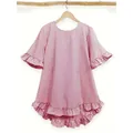 Casual red and white striped women's blouse featuring ruffled five-point sleeves and hem - S / Tops / Red Stripe